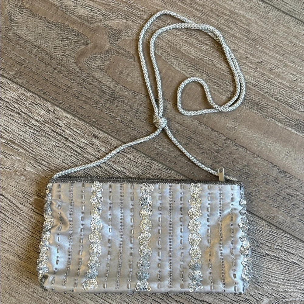 Vintage Valerie Stevens Silver Satin Clutch w Sequin & Beaded Details & Strap